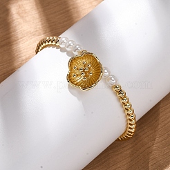 女性用真鍮ラウンドビーズチャームブレスレット  花  ABSの模造パールと  18KGP本金メッキ  内径：2-1/8インチ（5.5cm）&nbsp;BJEW-A041-01G
