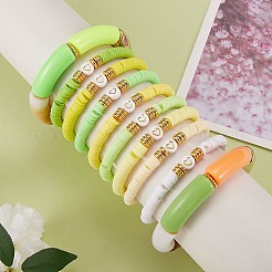 10個10スタイル手作りポリマークレイヘイシビーズストレッチブレスレットハート付き  女性のためのアクリル分厚いカーブチューブブレスレット  緑黄  内径：2-1/8インチ（5.5cm）&nbsp;BJEW-SW00036-04