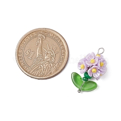 ガラスシードビーズの花のペンダント  樹脂と真鍮の金具付き  ライラック  25x14x13mm  穴：3x2.5mm&nbsp;PALLOY-MZ00521-04