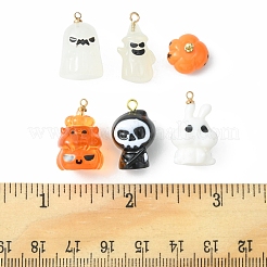 6 個 6 スタイルのハロウィーン不透明樹脂ペンダント  ライトゴールドトーンの合金ループ付き  かぼちゃとおばけとうさぎ  混合図形  ミックスカラー  11~21x11~13x8.5~12.5mm  穴：1.5~1.6mm  1個/スタイル&nbsp;RESI-FS0001-34