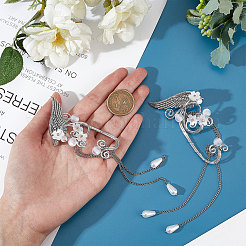 Aluminum Wing and Flower Cuff Earrings with Plastic Pearl Tassel&nbsp;EJEW-WH0011-07P