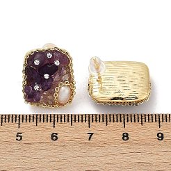 長方形の真鍮製天然淡水真珠スタッドピアス  天然アメジストとガラスを使用  14KGP本金メッキ  18x15mm&nbsp;EJEW-U072-03G