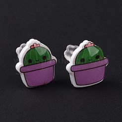 女性のためのプラスチック製のピンが付いているアクリルのかわいい植物のスタッドピアス  クラウン模様  12x11mm  ピン：1mm&nbsp;EJEW-F293-01D