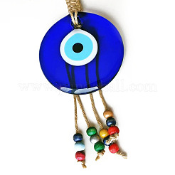 Flat Round with Evil Eye Glass Tassel Pendant Decorations&nbsp;EVIL-PW0002-15