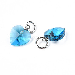 ファセット透明ガラスチャーム  鉄製丸カン付き  ハート  ディープスカイブルー  13~14x10x5~6mm  穴：4mm&nbsp;GLAA-T024-04E