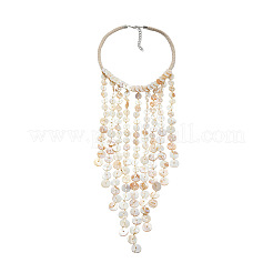 Resin Disc Long Tassel Cotton Rope Bib Necklaces with Alloy End Chains for Women&nbsp;FS-WG31146-01