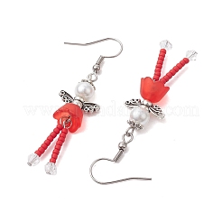 304ステンレススチール製フェアリーダングルイヤリング  ガラスシード＆アクリルパールロングドロップイヤリング  レッド  55.5x14mm&nbsp;EJEW-MZ00129-03