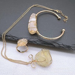 Wire Wrapped Nuggets Natural Yellow Quartz Pendant Necklace & Cuff Bangle & Rings Sets&nbsp;FS-WG99384-03