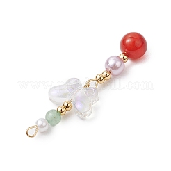 天然カーネリアンとガラスのペンダント  蝶  金色の真鍮トーンループ付き  ミックスカラー  47x14.5x8mm  穴：1.6mm&nbsp;PALLOY-JF03192