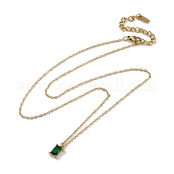 304 Stainless Steel Fern Green Rhinestone Rectangle Pendant Cable Chain Necklaces&nbsp;NJEW-U026-01G
