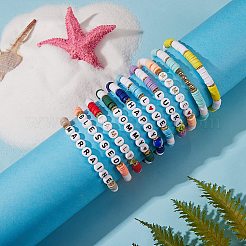 10pcs10スタイル励ましワードポリマークレイヘイシサーファーストレッチブレスレットセットハート  女性のための心を持つ幸運なプレッピーブレスレット  ミックスカラー  内径：2-1/8インチ（5.5cm）&nbsp;BJEW-SW00041