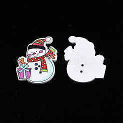 クリスマス 2 ホール スプレー塗装メープル木製ボタン  片面プリント  雪だるま  ホワイト  36x30x2mm  穴：1.6mm&nbsp;WOOD-N005-41