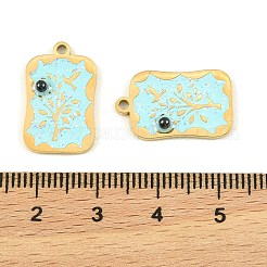 304ステンレススチールエナメルペンダント  木のチャームが付いた長方形  プラスチックパール付き  イオンプレーティング（ip）  シアン  19.5x12x3mm  穴：1.5mm&nbsp;STAS-H251-03A-02