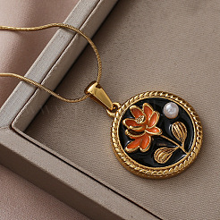 316 Surgical Stainless Steel Enamel with Imitation Pearl Flat Round with Flower Pendant Necklaces for Women&nbsp;AK2795