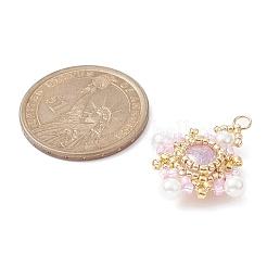K9 ガラス＆シェルパール＆シード編み込みペンダント  菱形チャーム  ピンク  25.5x23x7mm  穴：2mm&nbsp;PALLOY-MZ00139-01