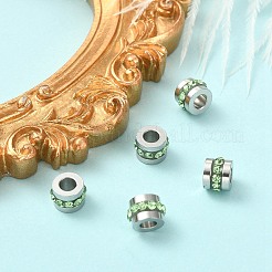 201個のステンレススチールポリマークレイラインストーンインレイビーズ  コラム  ステンレス鋼色  ペリドット  7x5mm  穴：3mm&nbsp;RB-YW0001-11J