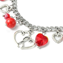 Tibetan Style Alloy & Glass Heart Charm Bracelet with 304 Stainless Steel Curb Chains for Valentine's Day&nbsp;BJEW-TA00311