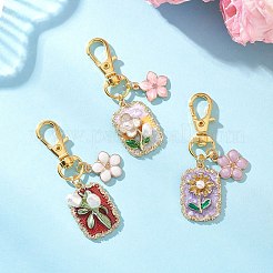 合金エナメルとプラスチックパールペンダント装飾3個  合金回転式ナスカン付き  ゴールドカラー  花の長方形  ミックスカラー  60mm&nbsp;HJEW-JM04436