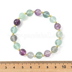 Grade AB Natural Fluorite and Brass Round Beads Stretch Bracelets for Women&nbsp;BJEW-JB13750