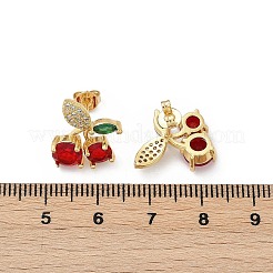 女性のための真鍮パヴェ キュービックジルコニア スタッド イヤリング  チェリー  18KGP本金メッキ  16x12.5mm&nbsp;EJEW-A126-03G