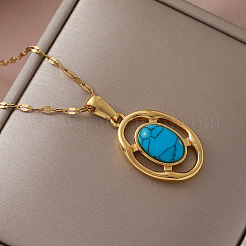 Vintage 304 Stainless Steel & Dyed Synthetic Turquoise Oval Pendant Necklaces for Women&nbsp;VG0712