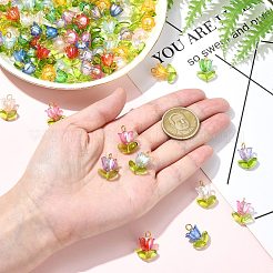 90色のアクリルランプワークペンダント9個  鉄パーツ  花  ゴールドカラー  ミックスカラー  20mm  穴：2.5mm  90個/セット&nbsp;PALLOY-CJ00048