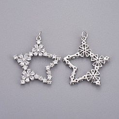 真鍮製マイクロパヴェキュービックジルコニアペンダント  丸カン付き  花とスター  透明  プラチナ  28x26.5x3mm  穴：3mm&nbsp;ZIRC-L070-41P