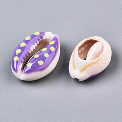 天然カウリーシェルビーズ  エナメル水玉模様  穴なし/ドリルなし  暗い蘭  16~19x10~12.5x7mm&nbsp;SHEL-Q312-006G