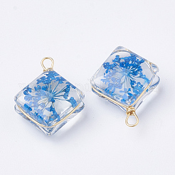 ガラスチャーム  中にドライフラワーあり＆真鍮パーツ  菱形  ゴールドカラー  ドジャーブルー  21~22x16x9mm  穴：2mm&nbsp;X-GLAA-Q070-006A