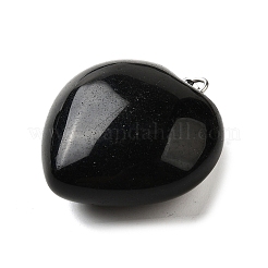 天然石オブシディアンペンダント  真鍮製スナップオンベイル付き  ハートチャーム  プラチナ  26.5~27x25x13.5~14mm  穴：6.5x3.5mm&nbsp;G-C188-03C