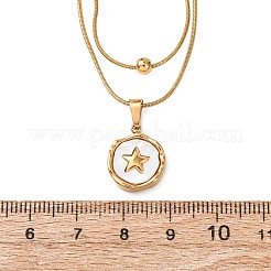304ステンレススチールと天然ホワイトシェルのスクエアディスクペンダントの二重層ネックレス  ゴールドカラー  スター  14.96インチ（38cm）&nbsp;NJEW-K300-06C-G