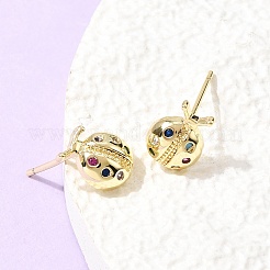 真鍮マイクロペーブカラフルな立方ジルコニアスタッドピアス  カドミウムフリー＆鉛フリー  長持ちメッキ  ラックめっき  てんとう虫  10.5x7.5mm&nbsp;EJEW-C186-19G-02