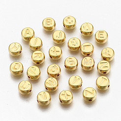 CCBプラスチックビーズ  水平穴  アルファベット付きフラットラウンド  ゴールドカラー  7x4mm  穴：1.8mm  約3300個/500g&nbsp;CCB-N004-002G