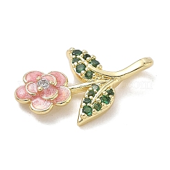 真鍮製マイクロパヴェキュービックジルコニアペンダント  エナメル  花のチャーム  18KGP本金メッキ  長持ちメッキ  カドミウムフリー＆鉛フリー  ピンク  18.5x11.5x3mm  穴：2.5x1.5mm&nbsp;KK-K368-45G-01