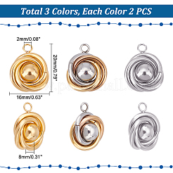 6個3色304ステンレスペンダント  201個のステンレススチールビーズ付き  三環式  ミックスカラー  20x16x8mm  穴：2mm  2個/カラー&nbsp;STAS-UN0037-96