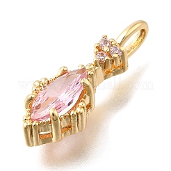 真鍮製ガラスチャーム  ハートチャーム付き菱形  14KGP本金メッキ  多面カット  ピンク  18.5x6.5x4.5mm  穴：3.5x2mm&nbsp;LS-KK-U061-20G-05