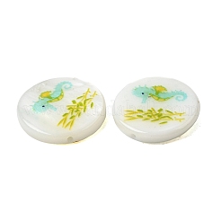海のプリント柄天然淡水貝のフラットラウンドいビーズ  タツノオトシゴ  15.5x3~3.5mm  穴：0.8mm&nbsp;SHEL-A006-13G