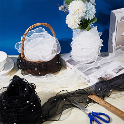 2枚 2色 3層オーガンジーレーストリム生地  ABSプラスチックビーズを使用したプリーツトリミング  diyの装飾衣類縫製用  ミックスカラー  4-3/4インチ（120mm）  約5ヤード/個  1pc /カラー&nbsp;DIY-PH0021-43