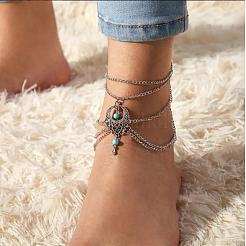 Bohemian Alloy with Synthetic Turquoise Teardrop Multi-Layered Chain Anklets for Women&nbsp;FS-WG424AC-01