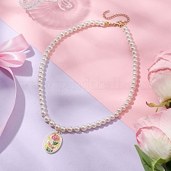白いガラスパールビーズネックレス  女性用合金エナメルペンダントネックレス  花  ゴールドカラー  花  15.63インチ（39.7cm）&nbsp;NJEW-JN04652-01