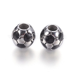 304ステンレススチールエナメルヨーロピアンビーズ  大穴ビーズ  サッカー/サッカーボール  ブラック  ステンレス鋼色  12.5x12mm  穴：5mm&nbsp;X-STAS-P212-16P