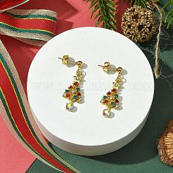 合金ラインストーンスタンドピアス  304ステンレススチールスタッドピアス金具付き  クリスマスツリー  カラフル  ゴールドカラー  32x11mm&nbsp;EJEW-JE06005