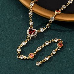 Brass Pave Cubic Zirconia Heart Pendant Y Tassel Necklaces for Women&nbsp;NJEW-A071-01G-01