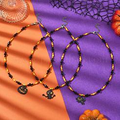 Halloween Black Alloy Enamel Pumpkin Skull Cat Shape Pendant Glass Seed Beaded Necklaces for Women&nbsp;NJEW-JN05579