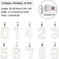 10個10スタイル201ステンレススチールペンダント  レーザー切断  数0~9  ステンレス鋼色  32~36.5x11~21x1.5mm  穴：4.5x5mm  1個/スタイル&nbsp;STAS-UN0024-77