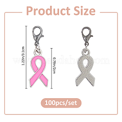 合金エナメルペンダント装飾100個。  合金製カニカン付き  アウェアネス リボン チャーム  プラチナ  31mm&nbsp;HJEW-FH00187