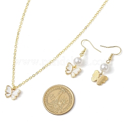 合金エナメル蝶チャームネックレス＆ダングルイヤリング＆ABSプラスチック模造真珠ビーズブレスレットセット  女性用ジュエリーセット  ホワイト  380mm&nbsp;SJEW-JS01315-03