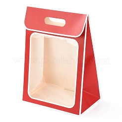 長方形の紙袋  紙袋をひっくり返します  ハンドルとプラスチック窓付き  レッド  35x25x15cm&nbsp;ABAG-I005-01B-02