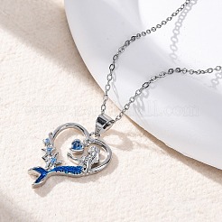Brass Blue Cubic Zirconia Mermaid Heart Pendant Necklaces for Women&nbsp;NJEW-C067-04P