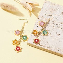 スターグラスシード編み込みダングルイヤリング  女性用304ステンレススチールイヤリング  ゴールドカラー  72.5x13mm&nbsp;EJEW-MZ00107